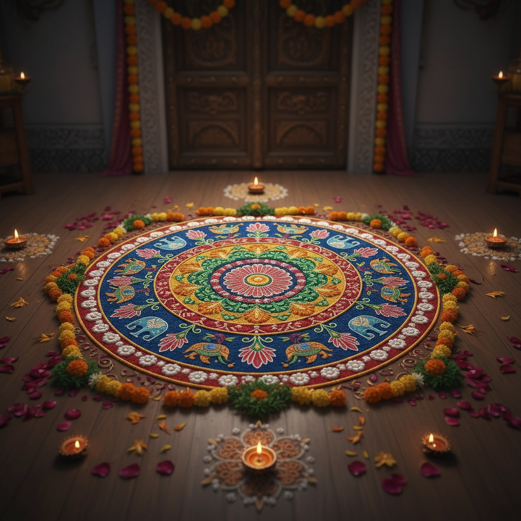 traditional indian welcome greeting artistic floral mandala rangoli design, vibrant colors, soft lighting, 8k resolution, cinematic