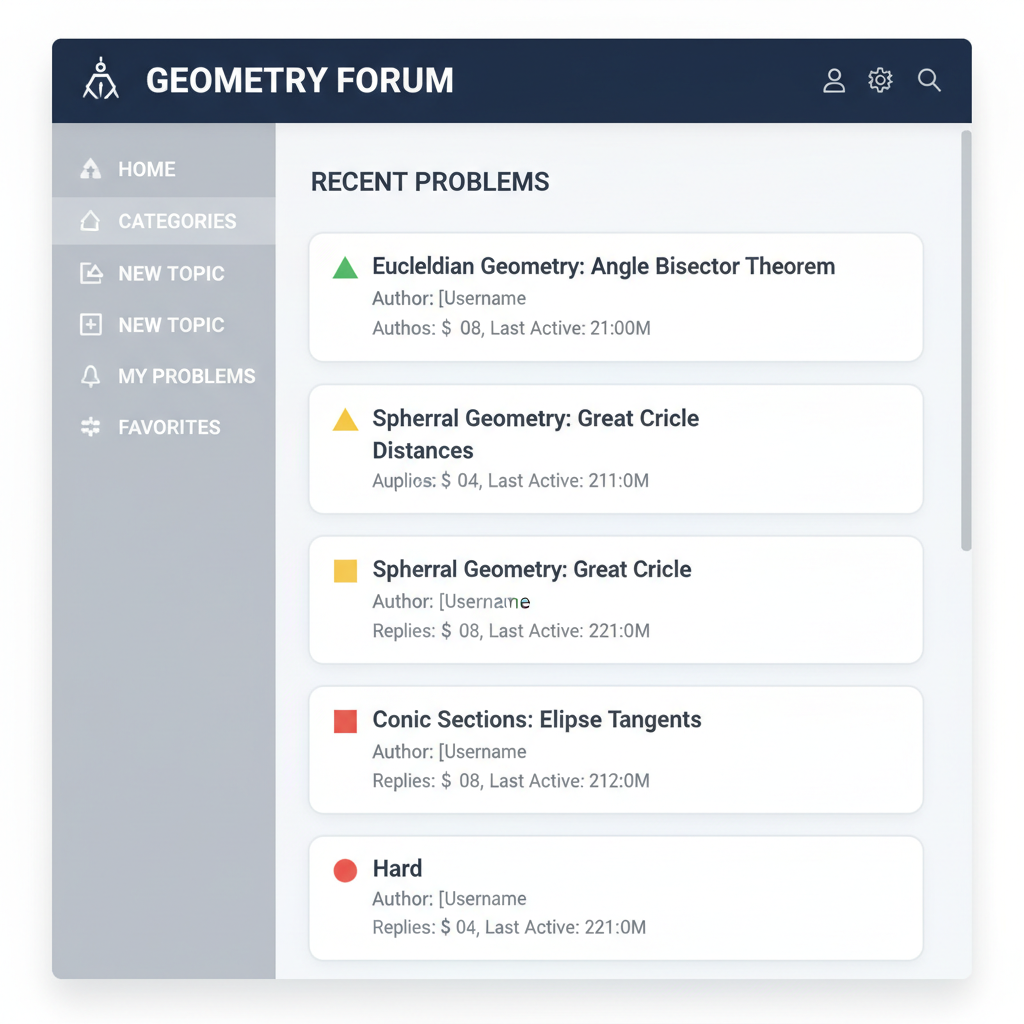 clean UI mockup of a desktop web app showing a forum list of geometry problems, modern flat design, navy header, phantom grey sidebar
