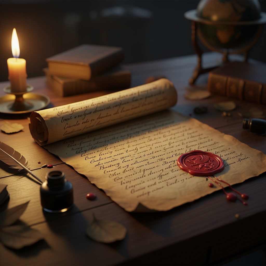 An old parchment scroll with ink writing and a wax seal lying on a wooden desk, 19th century atmosphere, candlelight