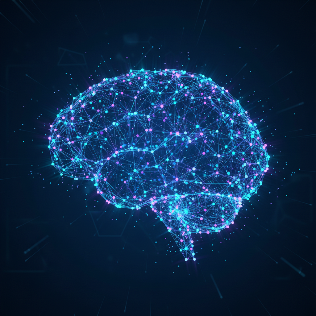 Digital brain network illustration, glowing nodes connecting data points, representing AI and big data analytics, blue background