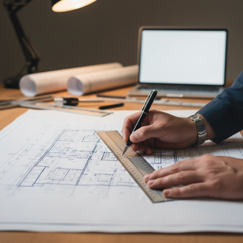 Close up of an architect's hands drawing a straight structural line on blueprint with a ruler, sharp focus, professional atmosphere