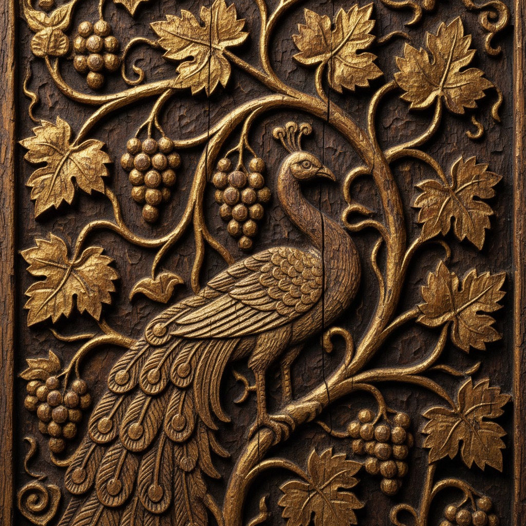 Close up detail of ancient byzantine wood carving showing a peacock and grape vines, texture of old dark wood, golden sheen, sharp focus