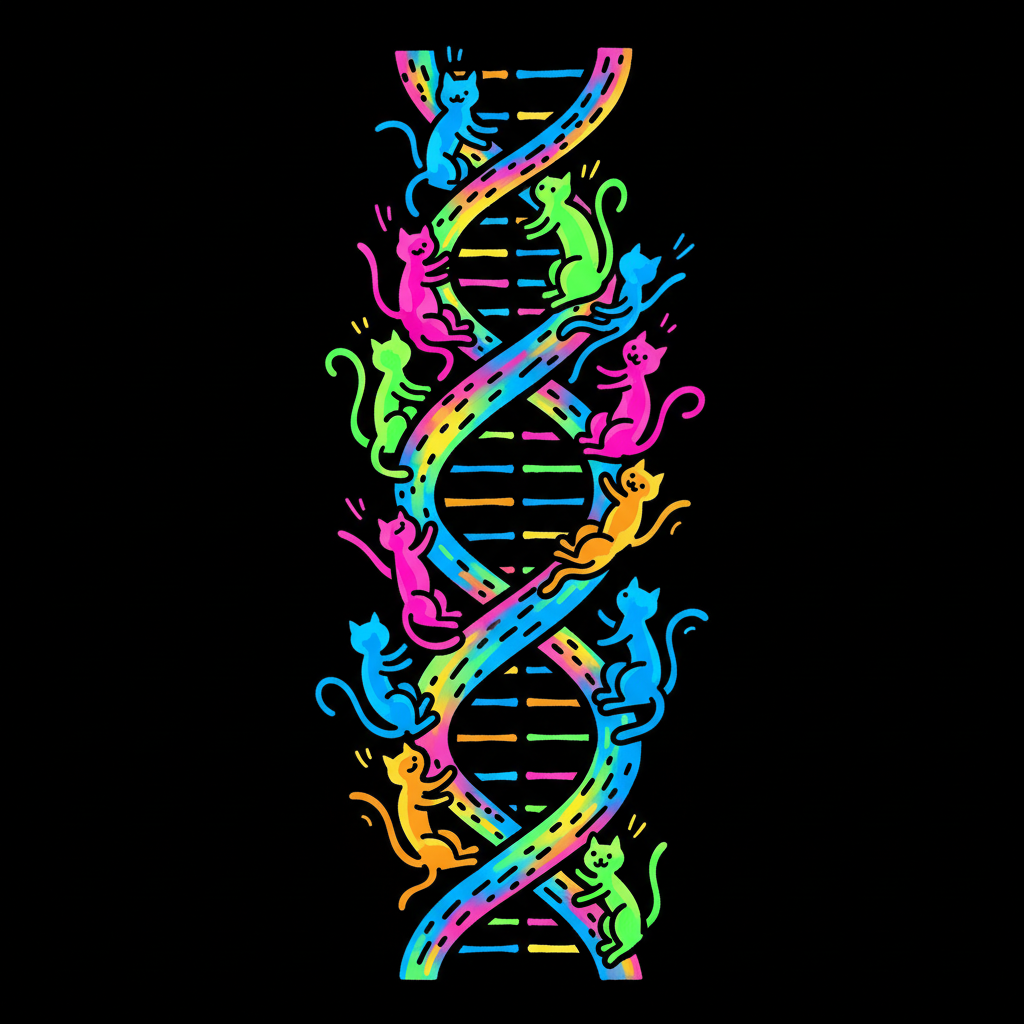 Keith Haring style illustration of cat silhouettes climbing a DNA double helix, vibrant neon colors on black background, graffiti style, thick outlines
