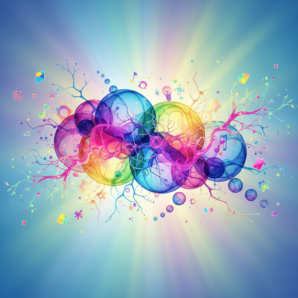 abstract thought bubbles, colorful neurons, creative thinking concept, bright background