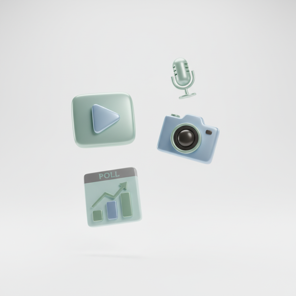 A clean, modern layout of social media content icons floating: video play button, camera icon, microphone icon, poll charts, white background, high quality 3d render.