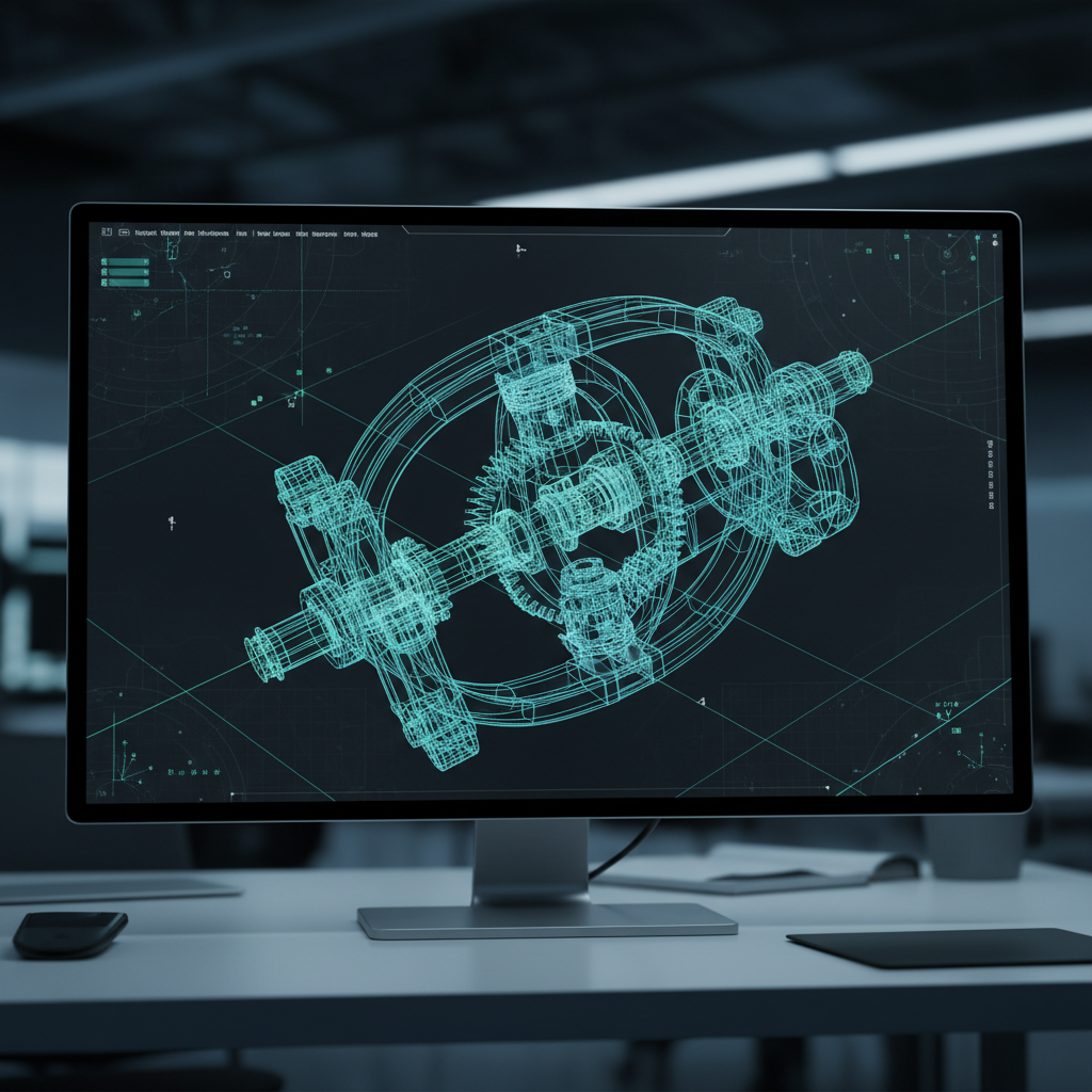 Computer screen showing a complex 3D wireframe model of a mechanical part, engineering software interface, high tech