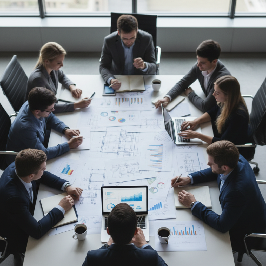 Team working over architectural blueprints or timeline documents on a large table, top down view, blurred motion, collaboration