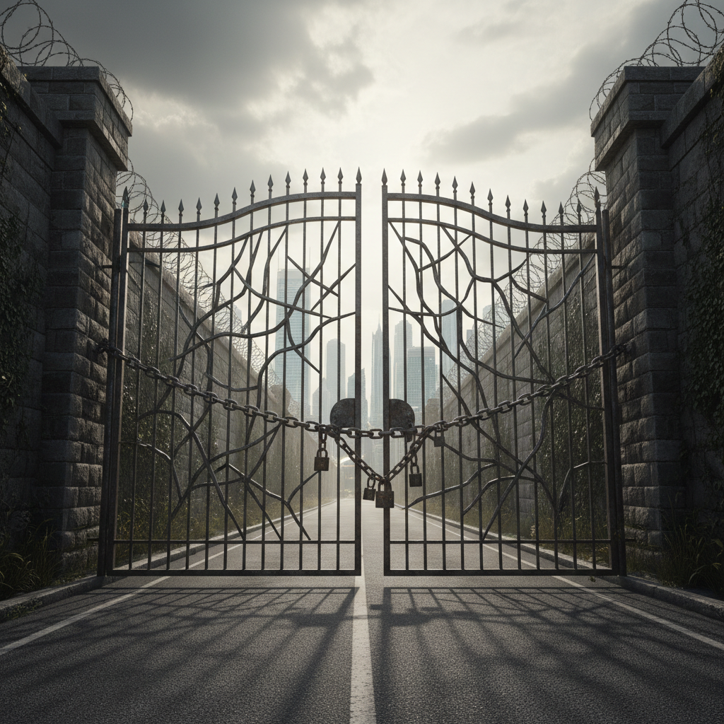 Conceptual image of a large locked gate or high wall blocking a road, symbolizing barriers to entry in a market, photorealistic style