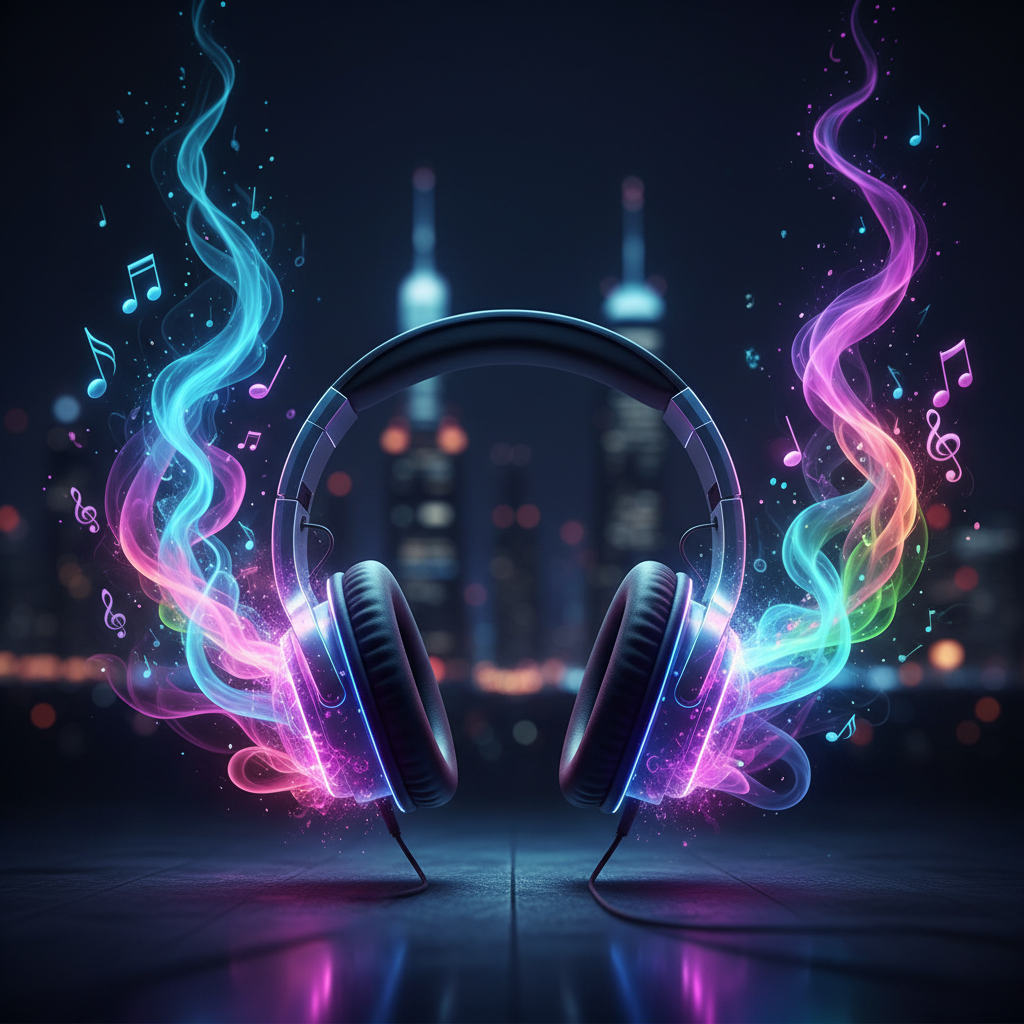 Headphones and music notes, neon smoke effect