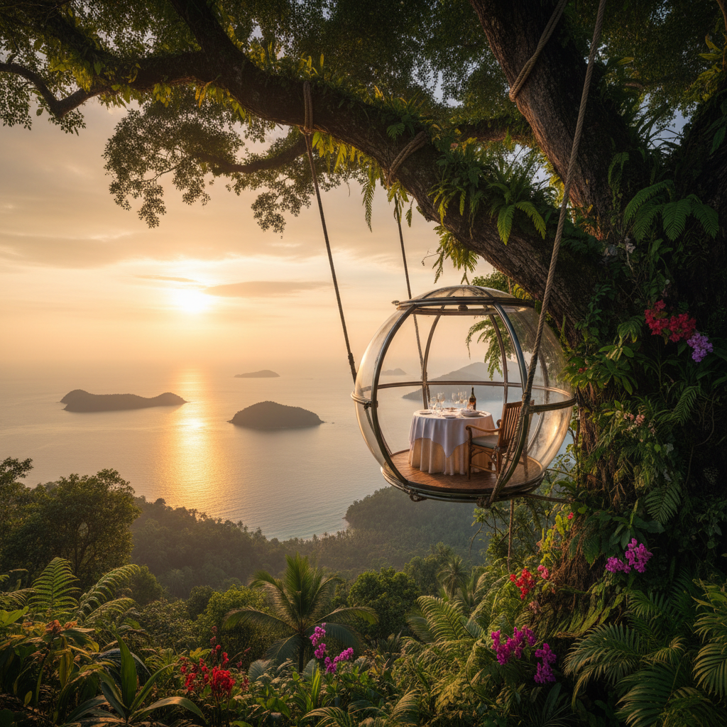 A stunning view of a dining pod suspended high in a tropical rainforest tree overlooking the ocean, golden hour lighting