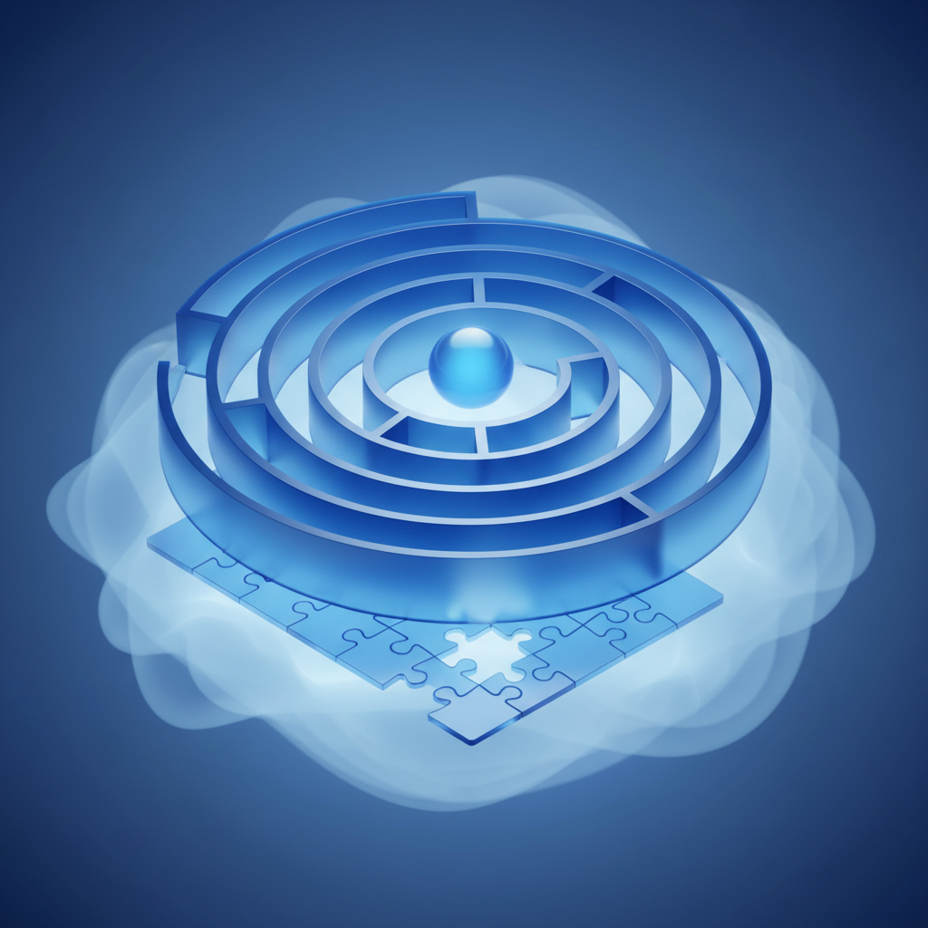 Conceptual 3D art of a maze with no exit, or a puzzle with a missing piece, isometric view, soft blue lighting