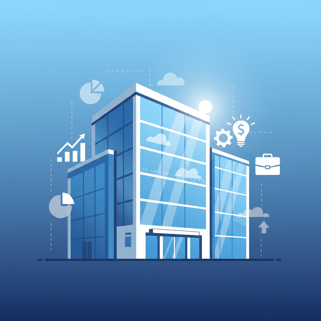 Illustration of a modern office building with business icons (charts, gears), blue tones, educational style