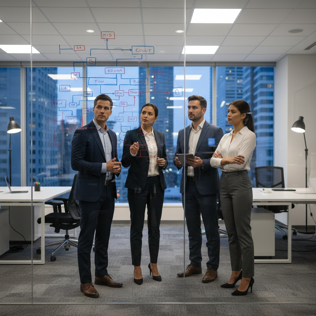 Business professionals analyzing a complex flowchart on a glass wall, corporate setting, focused atmosphere, realistic style