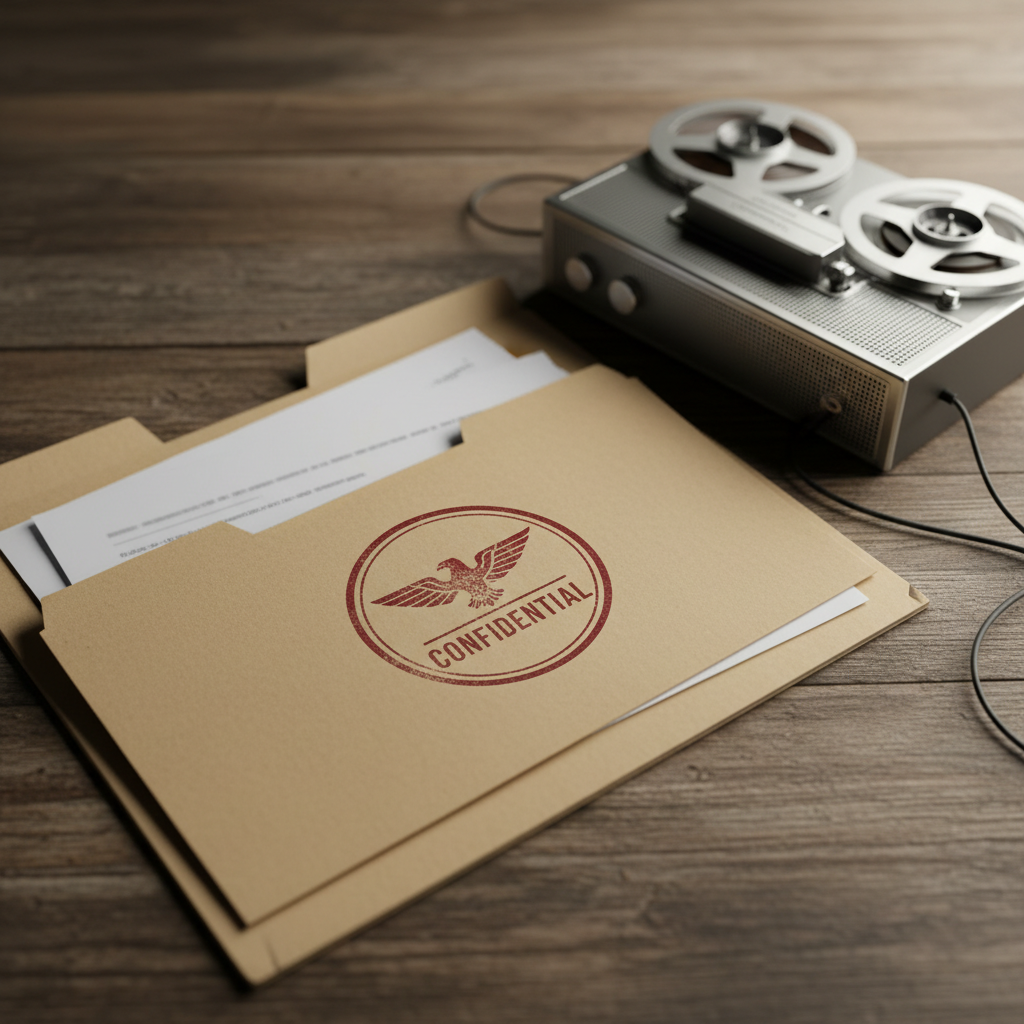 Close up of an FBI investigation file folder stamped confidential on a wooden table next to a tape recorder