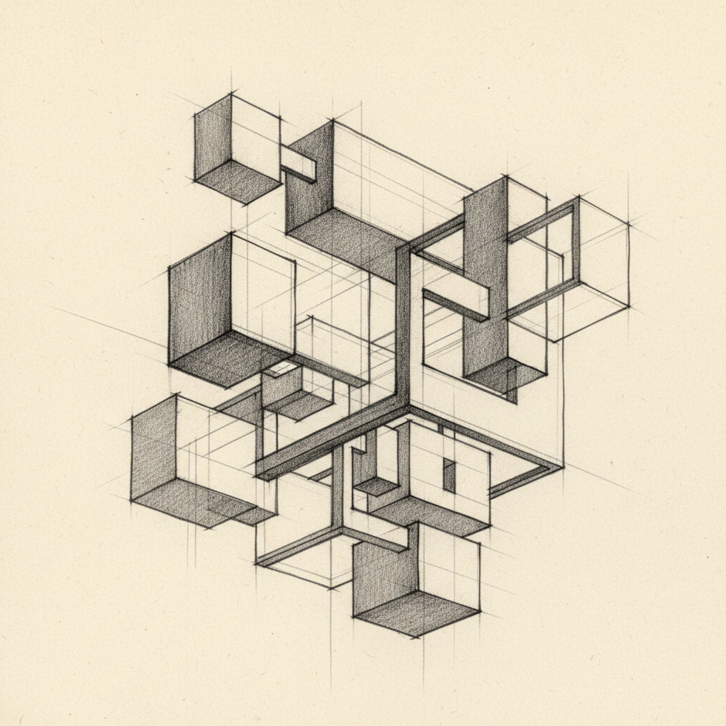 architectural concept sketch showing mass and void, pencil on paper, abstract geometry