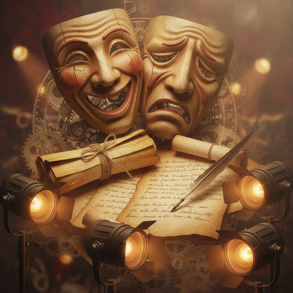 Collage of theatre masks, old scripts, and stage lights, artistic composition, symbolism, soft focus