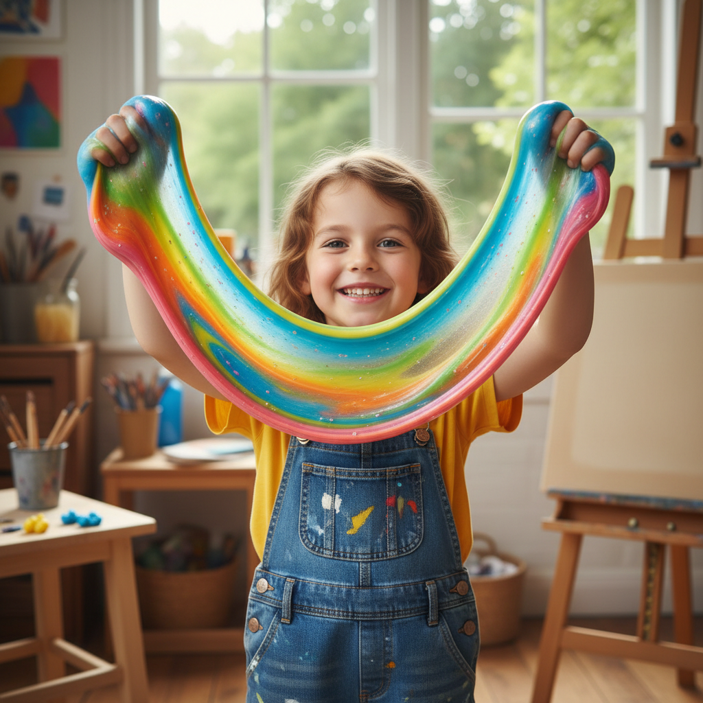 A happy child holding a perfect slime that stretches beautifully without breaking, bright colors, photorealistic style.