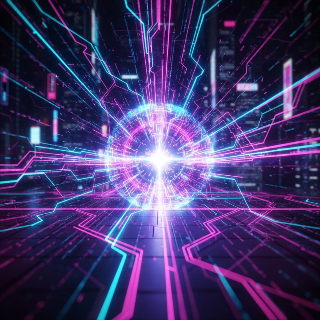 Abstract representation of digital data streams converging into a central glowing core, cyberpunk colors, neon blue and magenta, cinematic lighting, 8k resolution, deep depth of field