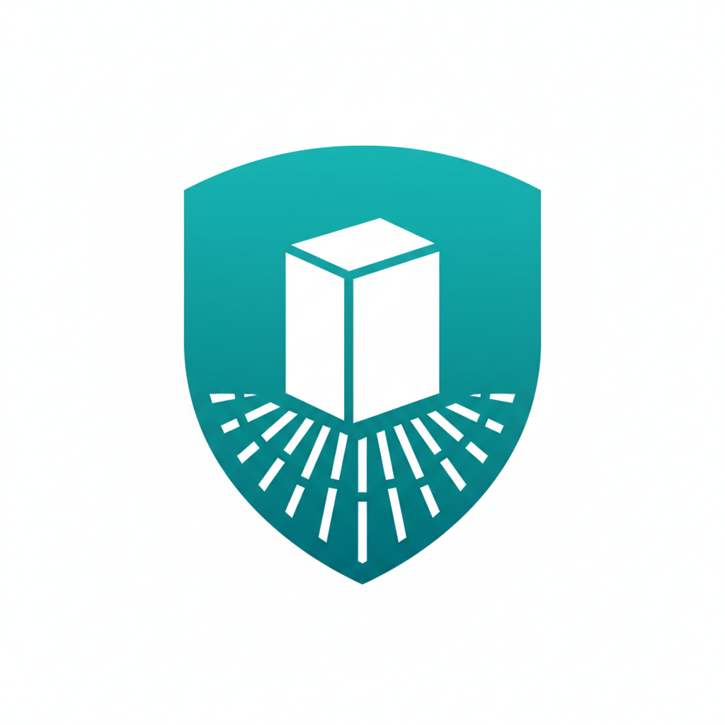 Simple clean icon of a digital shield protecting a block, minimal vector syle, teal and white