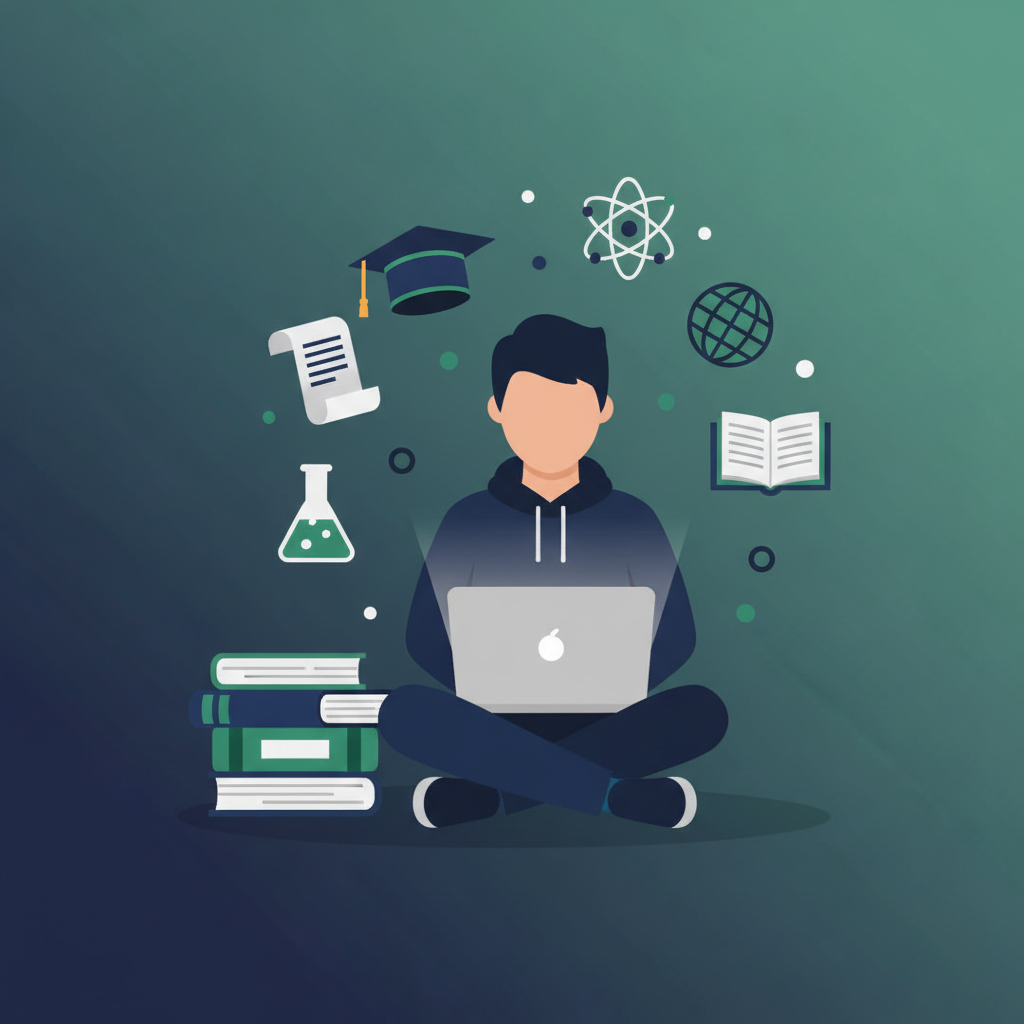 clean flat icon illustration of a university student studying with a laptop and books, surrounded by floating academic symbols, navy and emerald colors