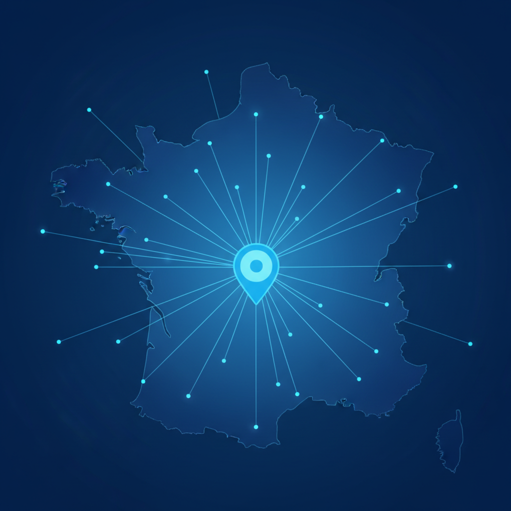 Minimalist map of France with a highlight pin on Lyon and connection lines spreading outward, blue corporate style