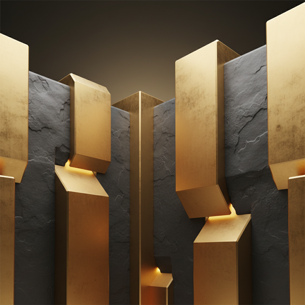 Abstract representation of protection, thick geometric stone walls overlapping, safe, secure, fortress-like but modern and elegant, gold and slate grey