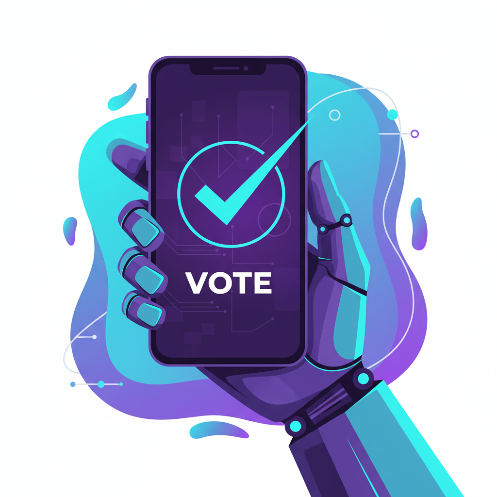 Vector illustration of a cyborg hand holding a smartphone with a voting checkmark on screen, futuristic colors, cyan and purple