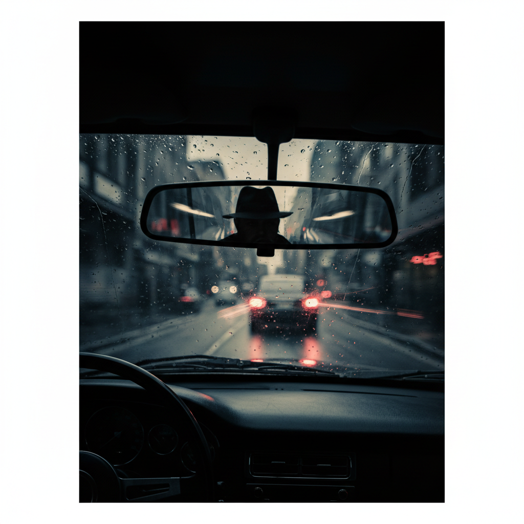 Abstract reflection in a rear view mirror of a car, moody noir atmosphere, suspicion
