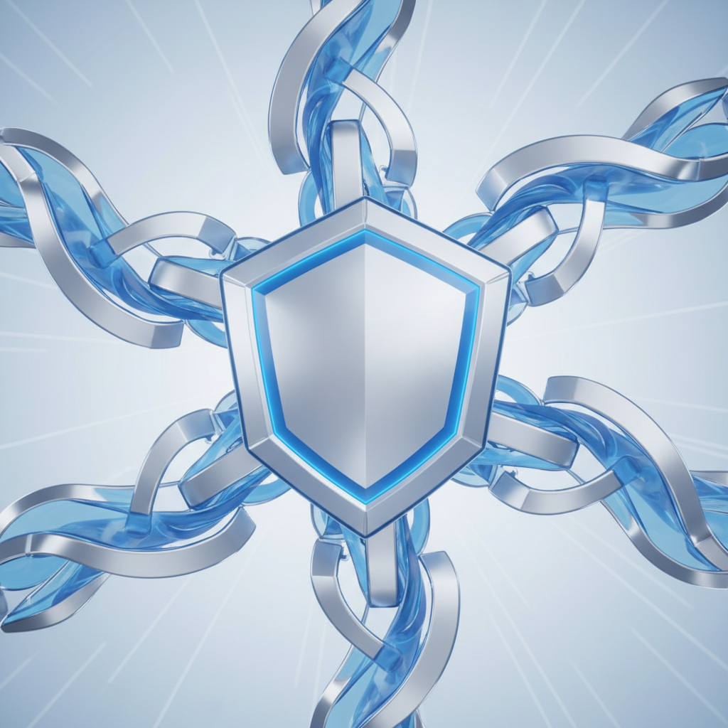 An abstract 3D visualization of five forces pushing against a central shield, corporate business style, blue and silver colors, clean background