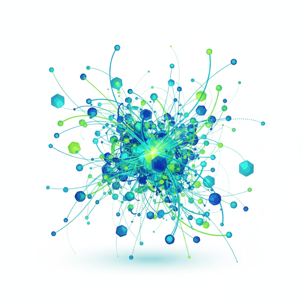 Abstract 3D illustration of connecting nodes and lines, representing networking and interdisciplinary connection, blue and green color palette, white background