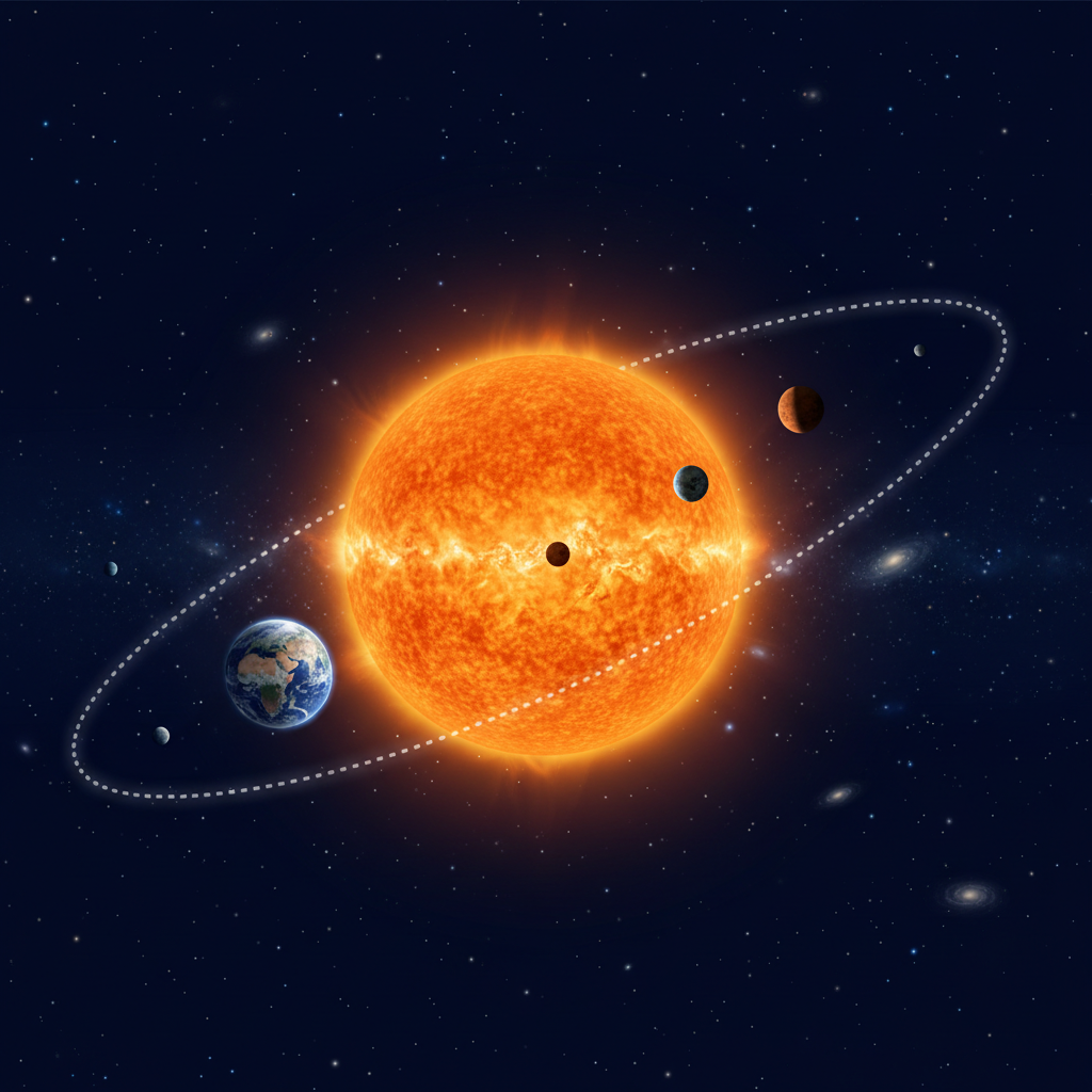 An educational illustration showing the earth orbiting the sun in space, clear and scientific style