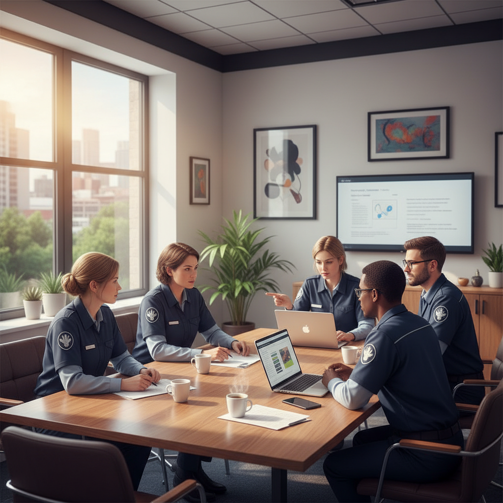 group of social workers in uniform having a meeting in a bright office office, warm atmosphere, professional, photorealistic
