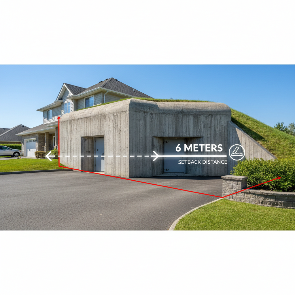 Technical diagram schematic overlaid on a photo, showing a building setback distance arrow from a reinforced shelter to the property boundary, indicating 6 meters distance