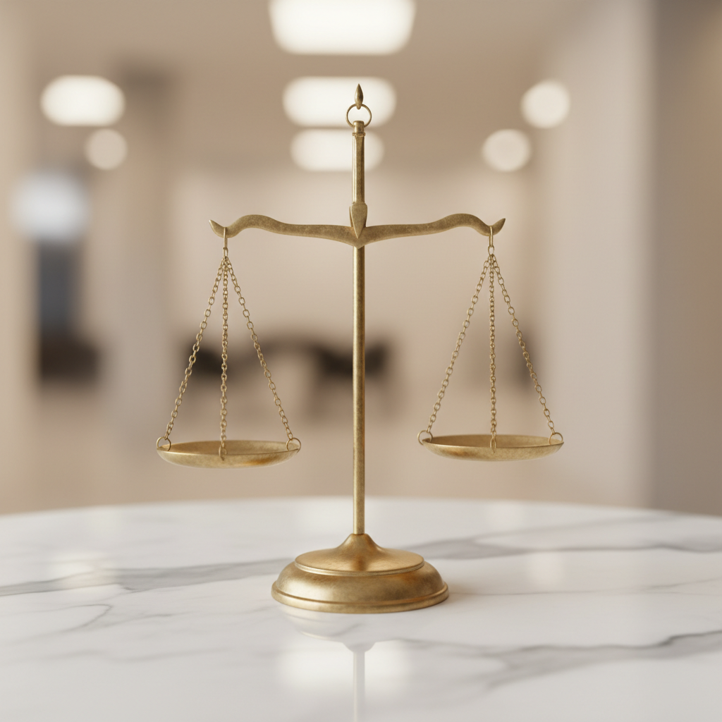 Golden scales of justice on a marble table, balanced, legal concept, minimal background, high resolution