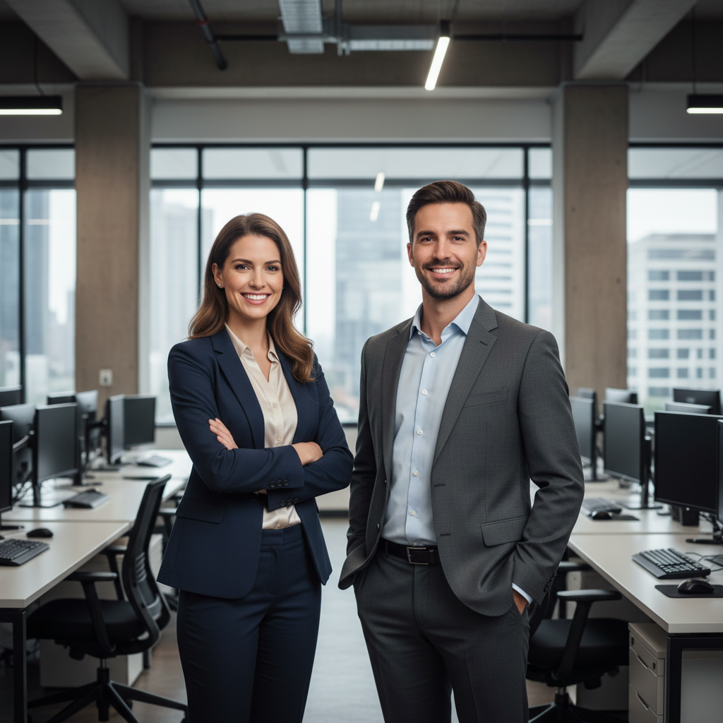 Two professional business partners, a woman and a man, standing confident in a modern tech office, smiling, looking at camera, high quality portrait