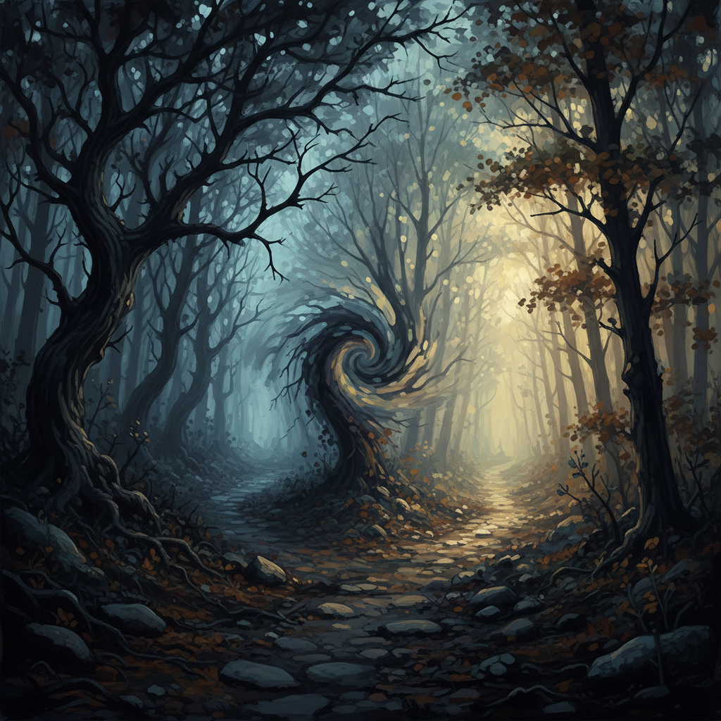 Abstract cinematic composition showing a forked path in a dark misty forest, one side gloomy and twisted, the other side showing faint light, high contrast, 8k resolution, metaphorical style