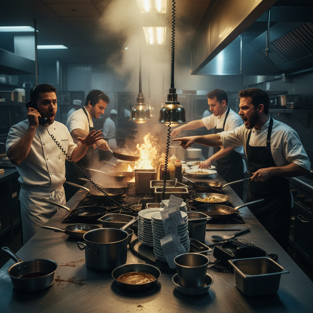 Chaotic restaurant kitchen scene during rush hour, phones ringing off the hook, chefs stressed, moody lighting, cinematic photography