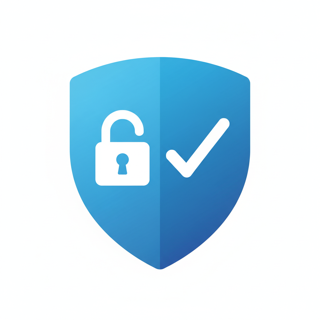 shield icon with a lock and checkmark, digital security concept, minimalist blue and white