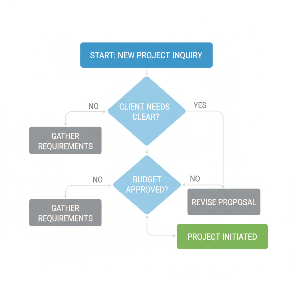 Instructional decision tree diagram, flowchart style, minimalist, questions and yes/no paths, corporate graphic design