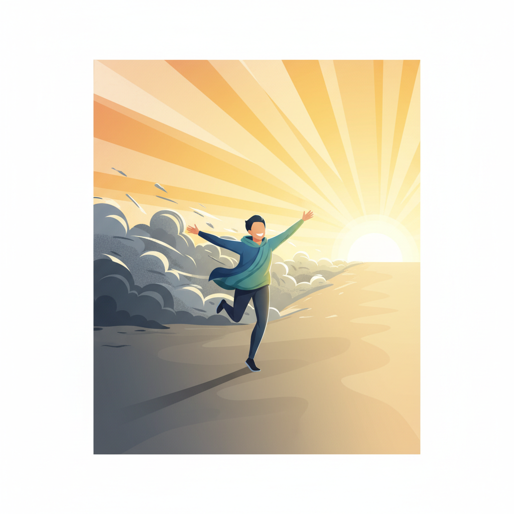 Semi-flat illustration of a person running happily towards a yellow horizon, leaving a grey cloud behind.