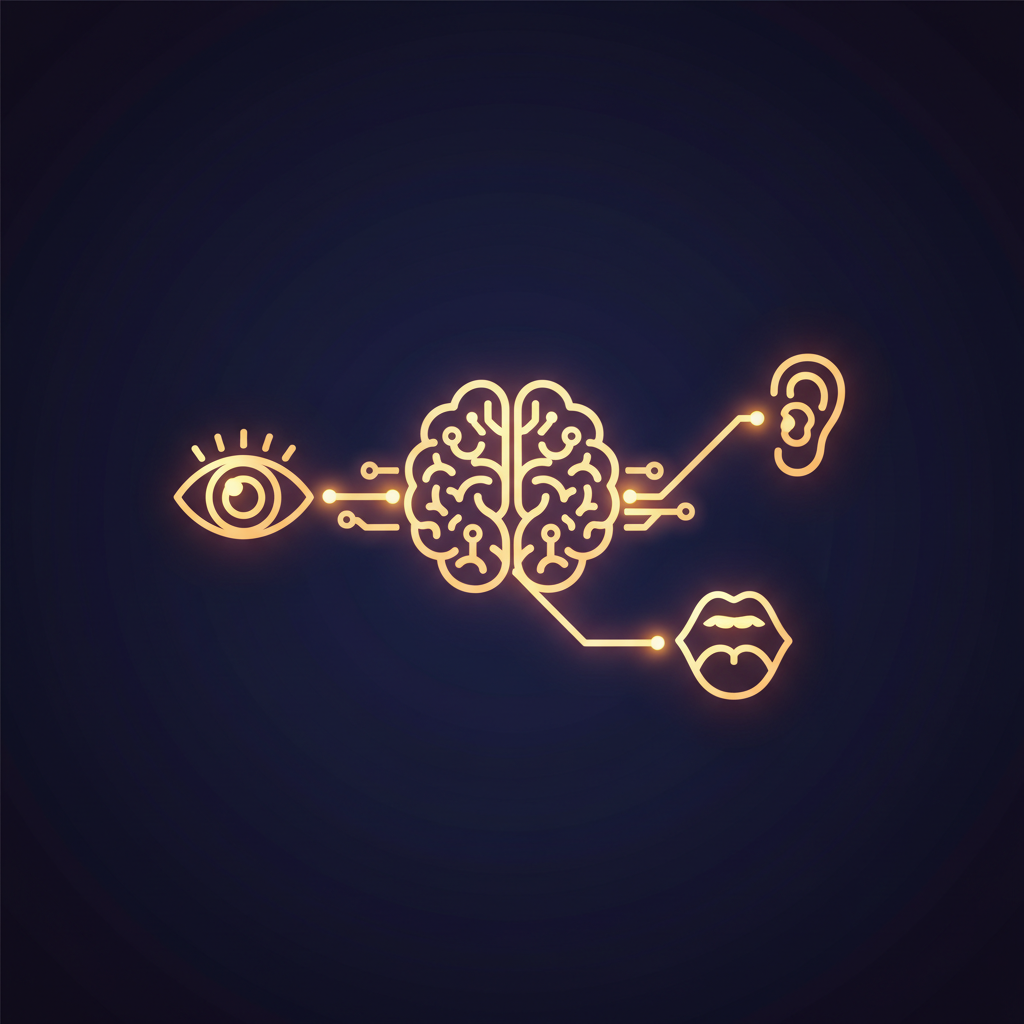 illustration of a glowing brain connected to eye and ear and mouth icons, clean vector style, educational concept diagram, dark background
