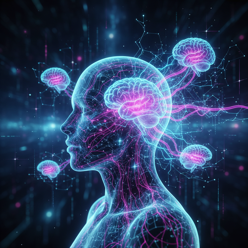 futuristic video game user interface, telepathy theme, glowing mind brain connection, dark sci-fi style