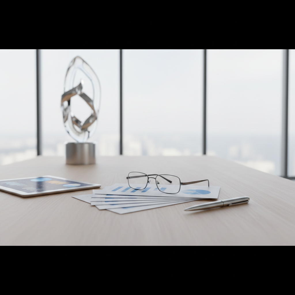 Professional financial workspace, minimal desk with glasses, pen and financial documents, clean bright lighting, deep focus, cinematic