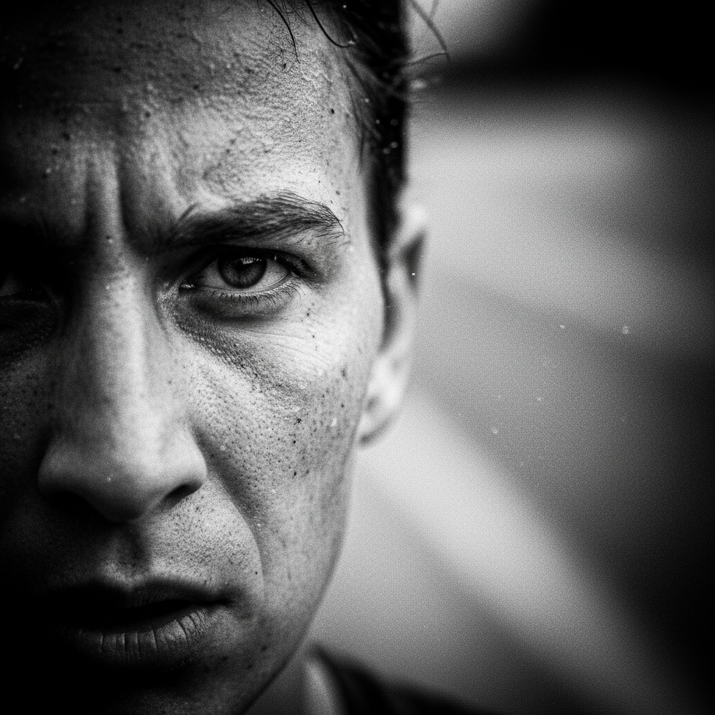 Close up artistic black and white shot of a runner's determined eyes, gritty texture, high contrast