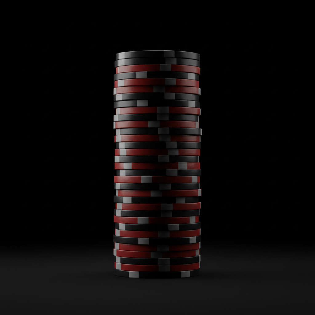 minimalist neat stack of black and red poker chips, isolated on black background, dramatic rim lighting