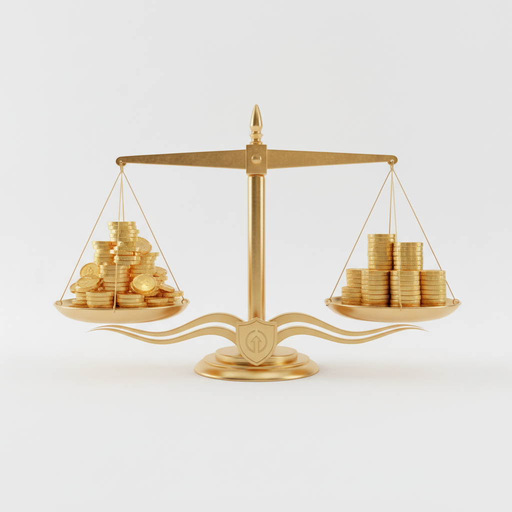 3D rendering of a balance scale with gold coins, symbolizing risk management, clean white background