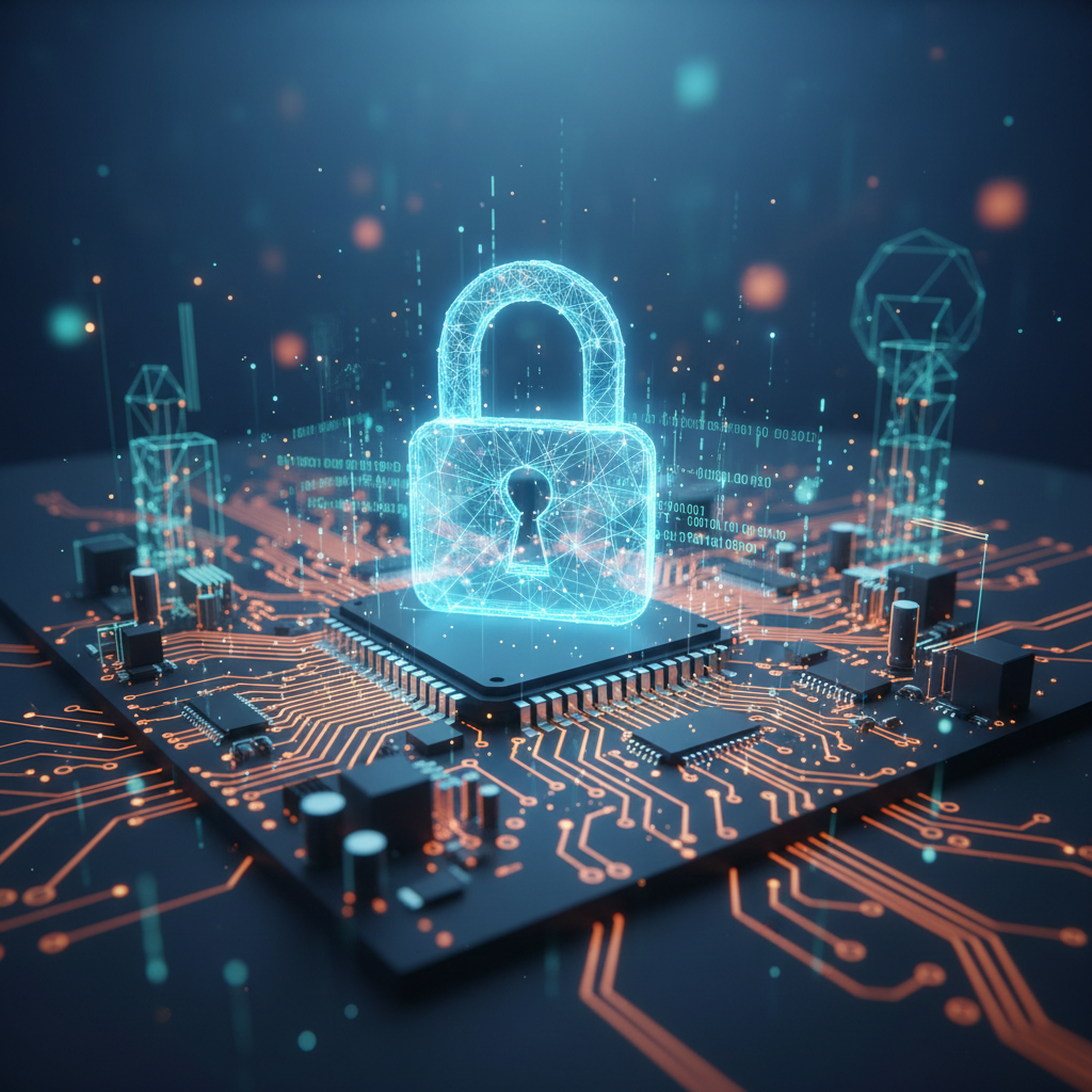 Digital padlock on a computer motherboard abstract 3d render