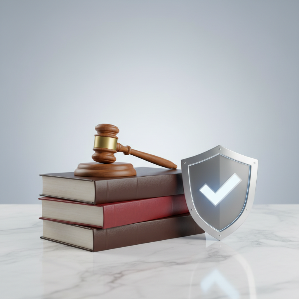 Gavel and law books on a table, or a shield icon, representing legal compliance and protection, clean and minimal