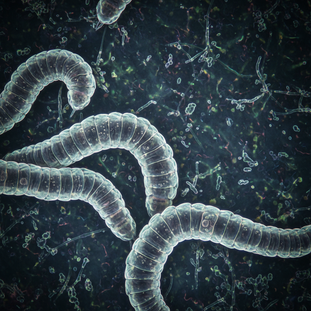 Microscopic view of nematode worms, biological texture, scientific laboratory style, high detail