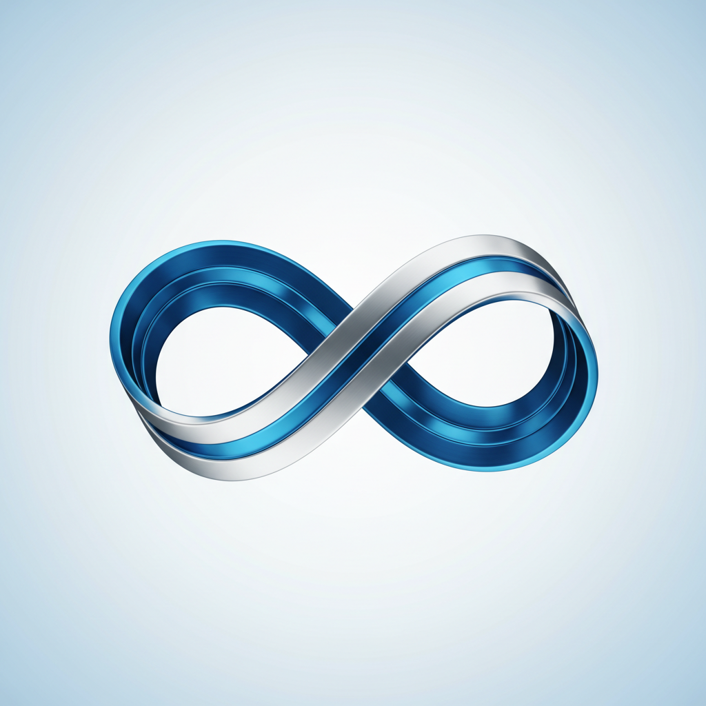 3D render of an infinity loop or feedback cycle arrow, blue and metallic texture, clean background